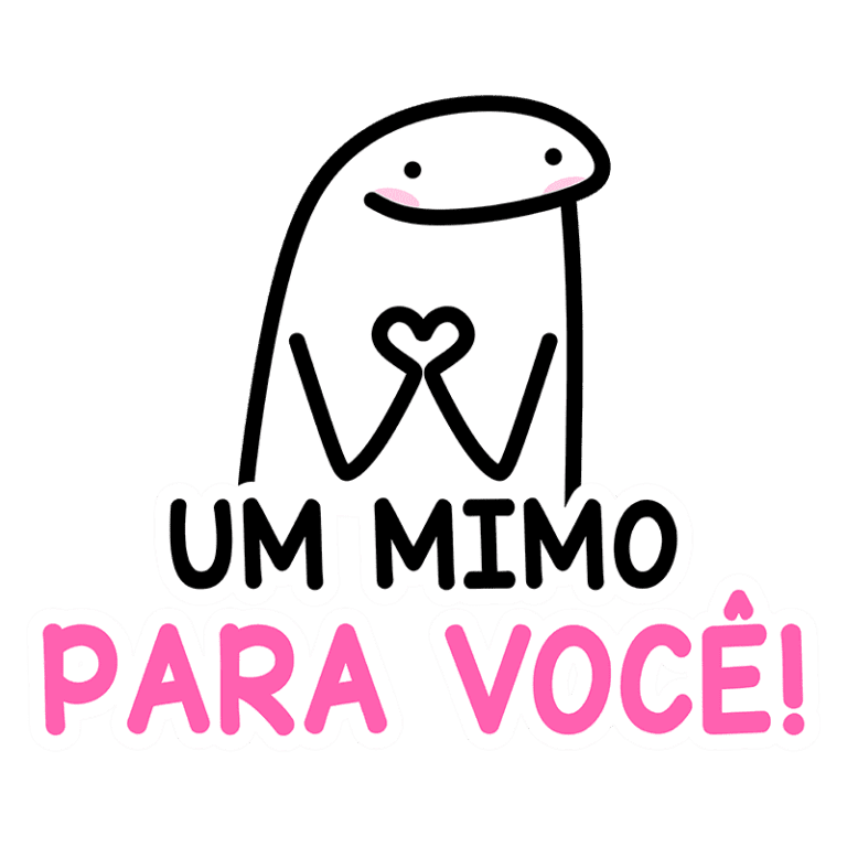 Desenho de um personagem fofinho com coração nas mãos, acompanhado do texto "Um mimo para você!" em cores vibrantes, transmitindo uma mensagem de carinho e afeto.