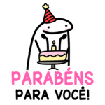 Ilustração de um personagem festeiro usando um chapéu de aniversário, segurando um bolo com uma vela acesa, com a frase "Parabéns para você!" em destaque, ideal para celebrações de aniversários.