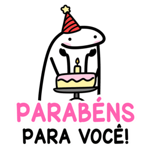 Ilustração de um personagem festeiro usando um chapéu de aniversário, segurando um bolo com uma vela acesa, com a frase "Parabéns para você!" em destaque, ideal para celebrações de aniversários.