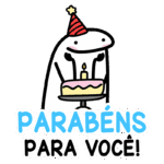 Personagem animado com chapéu de festa segurando um bolo de aniversário decorado com uma vela, acompanhado da mensagem "Parabéns para você!" em letras coloridas, ideal para celebrações de aniversário.