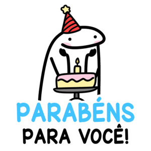Personagem animado com chapéu de festa segurando um bolo de aniversário decorado com uma vela, acompanhado da mensagem "Parabéns para você!" em letras coloridas, ideal para celebrações de aniversário.