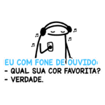 Personagem animado usando fones de ouvido e segurando um celular, com balões de diálogo sobre preferências de cor. Ideal para conteúdos sobre música e tecnologia.