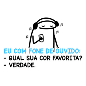 Personagem animado usando fones de ouvido e segurando um celular, com balões de diálogo sobre preferências de cor. Ideal para conteúdos sobre música e tecnologia.