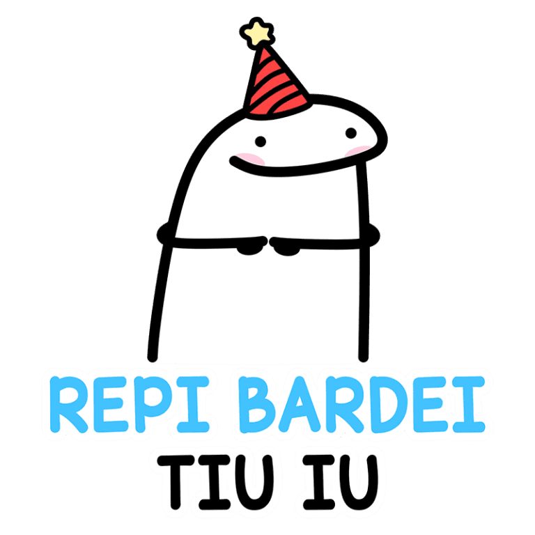Ilustração de um personagem cartoon branco com um chapéu de festa vermelho e uma estrela, sorrindo, com o texto "REPI BARDEI TIU IU" abaixo, transmitindo um clima festivo e divertido. Ideal para celebrações ou eventos festivos.