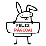 Coelho cartoon segurando uma placa com a mensagem "Feliz Páscoa!" em letras coloridas, simbolizando a celebração da Páscoa.