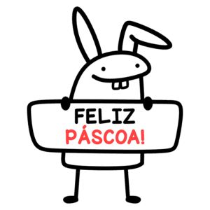 Coelho cartoon segurando uma placa com a mensagem "Feliz Páscoa!" em letras coloridas, simbolizando a celebração da Páscoa.