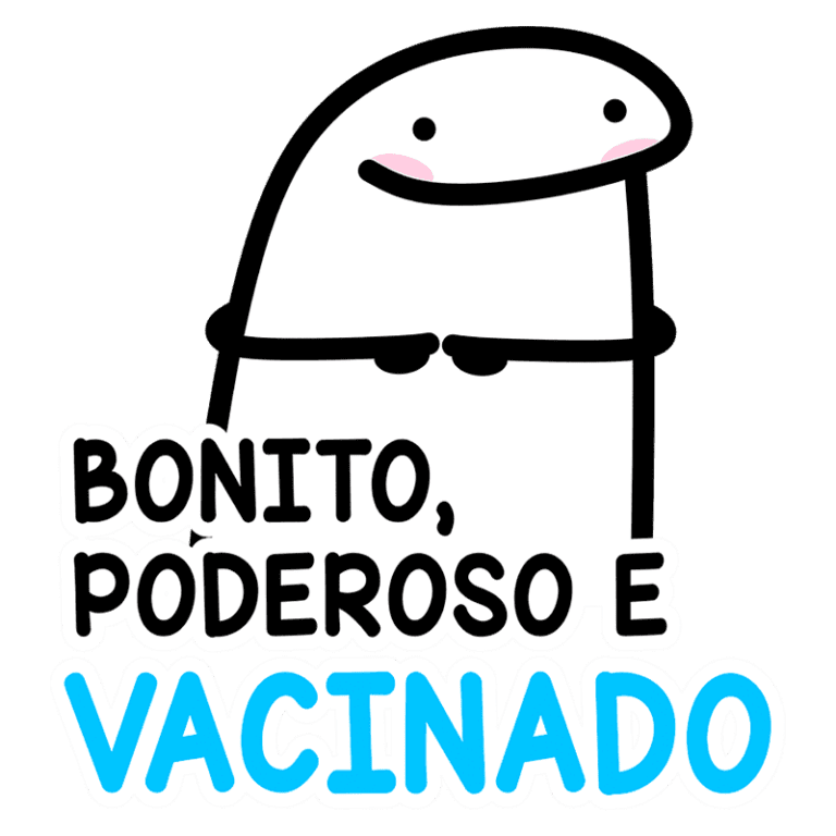 Personagem estilizado em forma de figura branca com rosto simpático, segurando as mãos e exibindo a frase "Bonito, Poderoso e Vacinado" em letras coloridas. Ideal para promover a importância da vacinação de maneira divertida.
