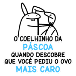 Imagem humorística do coelhinho da Páscoa, expressando surpresa ao descobrir que alguém pediu o ovo de Páscoa mais caro. Arte em estilo cartoon com texto divertido.