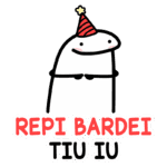 Personagem animado com chapéu de festa e expressão alegre, acompanhado da frase "REPI BARDEI TIU IU". Ideal para celebrações e festas.