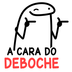 Ilustração de um personagem engraçado com expressão de deboche, acompanhada da frase "A cara do deboche". O personagem tem um corpo ovalado, braços levantados e um sorriso travesso, transmitindo uma sensação de humor e sarcasmo. Ideal para memes e conteúdo divertido nas redes sociais.