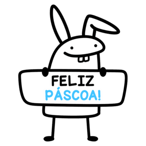 Ilustração de um coelho divertido segurando uma placa com a mensagem "Feliz Páscoa!", simbolizando a celebração da Páscoa de forma alegre e animada.