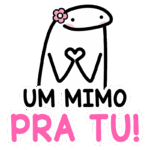 Personagem fofinho com uma flor na cabeça, fazendo um gesto de carinho com as mãos, acompanhado da frase "Um mimo pra tu!" em estilo colorido e divertido. Ideal para expressar afeto e positividade.