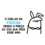 Coelho da Páscoa expressando surpresa ao olhar o preço do ovo que pediu para este ano, com texto divertido em um estilo de quadrinhos.
