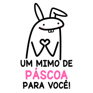 Desenho de um coelho fofo com orelhas grandes, fazendo um coração com as mãos, acompanhado da frase "Um mimo de Páscoa para você!" em letras coloridas. Ideal para mensagens de Páscoa e celebrações.