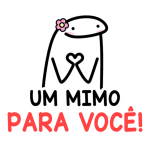 Ilustração de um personagem fofo com uma flor na cabeça fazendo um gesto de coração, acompanhado do texto "Um mimo para você!" em estilo divertido e colorido. Ideal para transmitir carinho e positividade.