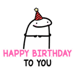 Ilustração divertida de um personagem com chapéu de festa, celebrando um aniversário, com a frase "Happy Birthday to You" em destaque. Ideal para postagens e cartões de aniversário.