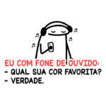 Desenho de um personagem usando fones de ouvido e segurando um celular, com texto humorístico sobre preferências de cor. Ideal para conteúdo sobre música e cultura pop.