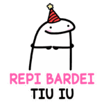 Personagem cartoon com chapéu de festa e expressão sorridente, acompanhado de texto colorido que diz "REPI BARDEI TIU IU". Ideal para celebrações e festas.
