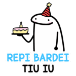 Personagem animado com chapéu de festa segurando um bolo de aniversário, acompanhado do texto "REPI BARDEI TIU IU", ideal para celebrações e festas.