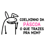 Desenho de um coelhinho da Páscoa sorridente, levantando a mão em cumprimento, com a frase "Coelhinho da Páscoa, o que trazes pra mim?" em destaque, ideal para celebrações de Páscoa.