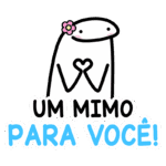 Desenho de um personagem simpático com flor na cabeça fazendo um gesto de carinho, acompanhado da frase "Um mimo para você!" em letras coloridas. Ideal para transmitir positividade e afeto.