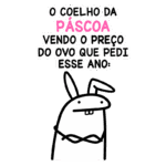 Coelho da Páscoa com expressão surpreendida, avaliando o preço do ovo de chocolate que pediu para este ano. Ilustração divertida e alegre com texto humorístico sobre a Páscoa.
