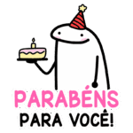 Personagem divertido usando um chapéu de festa e segurando um bolo com uma vela, acompanhado da mensagem "Parabéns para você" em destaque. Ideal para celebrações de aniversário.