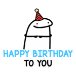 Personagem animado com chapéu de festa sorrindo, acompanhado da frase "Feliz Aniversário para Você". Ideal para celebrações de aniversário e mensagens festivas.