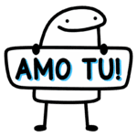 Personagem de desenho animado segurando uma placa com a mensagem "AMO TU!", transmitindo uma expressão de carinho e afeto. Ideal para temas sobre amor e amizade.