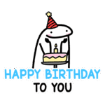 Ilustração de um personagem fofo segurando um bolo de aniversário com uma vela, usando um chapéu de festa, acompanhado da frase "Happy Birthday to You". Ideal para celebrações de aniversários e mensagens festivas.