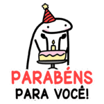 Ilustração de um personagem divertido usando um chapéu de festa e segurando um bolo de aniversário com uma vela acesa, acompanhado do texto "PARABÉNS PARA VOCÊ!" em letras coloridas. Ideal para celebrações de aniversário e mensagens festivas.