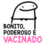 Personagem cartoon fofo com a frase "Bonito, Poderoso e Vacinado" em destaque, promovendo a vacinação de forma divertida e acessível.