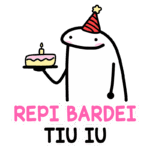 Desenho animado de um personagem sorridente com um chapéu de festa segurando um bolo de aniversário com uma vela acesa, acompanhado do texto "REPI BARDEI TIU IU". Ideal para temas de celebração e festas.