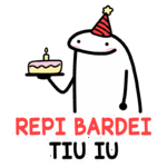 Personagem cartoon segurando um bolo de aniversário com uma vela, usando um chapéu festivo. Texto "REPI BARDEI TIU IU" destaca a celebração. Ideal para temas de festas e comemorações.