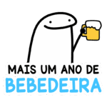 Imagem de um personagem animado segurando um copo de cerveja com o texto "Mais um ano de bebedeira", simbolizando celebração e festas.