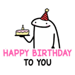 Ilustração de um personagem animado segurando um bolo de aniversário com uma vela, usando um chapéu de festa, acompanhado pela frase "Feliz Aniversário Para Você". Ideal para celebrações e eventos de aniversário.