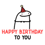 Ilustração divertida de um personagem cartoon usando um chapéu de festa, acompanhado do texto "Happy Birthday to You". Ideal para celebrações de aniversário e felicitações criativas.