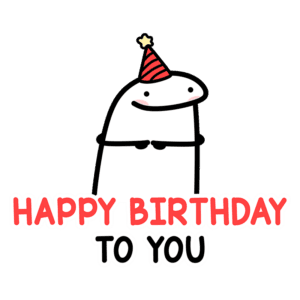 Ilustração divertida de um personagem cartoon usando um chapéu de festa, acompanhado do texto "Happy Birthday to You". Ideal para celebrações de aniversário e felicitações criativas.