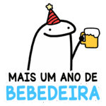 Personagem branco com chapéu de festa segurando caneca de cerveja, com o texto "Mais um ano de bebedeira" em destaque, simbolizando celebrações e diversão.