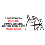 Coelhinho da Páscoa surpreendido ao descobrir que alguém pediu o ovo de Páscoa mais caro, com ilustração divertida e texto colorido.