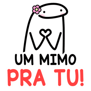 Imagem de um personagem fofo com uma flor na cabeça, fazendo um gesto de carinho com as mãos, acompanhado do texto "Um mimo pra tu!" em letras coloridas. Ideal para expressar afeto e amizade.