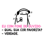 Ilustração de um personagem com fones de ouvido segurando um celular, acompanhado de texto humorístico sobre música e cores favoritas. Ideal para conteúdo relacionado a música, lifestyle e cultura pop.