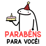 Personagem animado celebrando aniversário com um bolo e a mensagem "Parabéns para você!" em português.