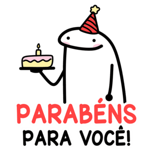 Personagem animado celebrando aniversário com um bolo e a mensagem "Parabéns para você!" em português.