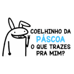 Coelhinho da Páscoa sorridente fazendo sinal de paz, com a mensagem divertida perguntando: "O que trazes pra mim?". Ideal para celebrações pascais e temas infantis.