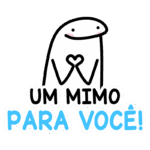 Personagem cartoon branco com um sorriso, fazendo um gesto de coração com as mãos, acompanhado do texto "Um mimo para você!" em letras grandes e coloridas, transmitindo uma mensagem de carinho e positividade.