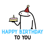 Personagem desenhado comemorando aniversário, usando um chapéu festivo e segurando um bolo com velas, acompanhado da mensagem "Happy Birthday to You".