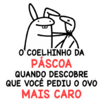 Ilustração divertida do coelhinho da Páscoa expressando surpresa ao descobrir que alguém pediu o ovo de Páscoa mais caro. Texto em destaque enfatiza a situação cômica. Ideal para conteúdo relacionado a Páscoa, humor e presentes.