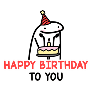 Ilustração divertida de um personagem com um chapéu de festa segurando um bolo de aniversário com uma vela, com a frase "Feliz Aniversário Para Você" destacada. Ideal para celebrações de aniversário e mensagens de felicitações.