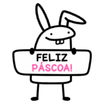 Coelho cartoon segurando uma placa com a mensagem "Feliz Páscoa!", simbolizando a celebração da Páscoa de forma divertida e alegre.